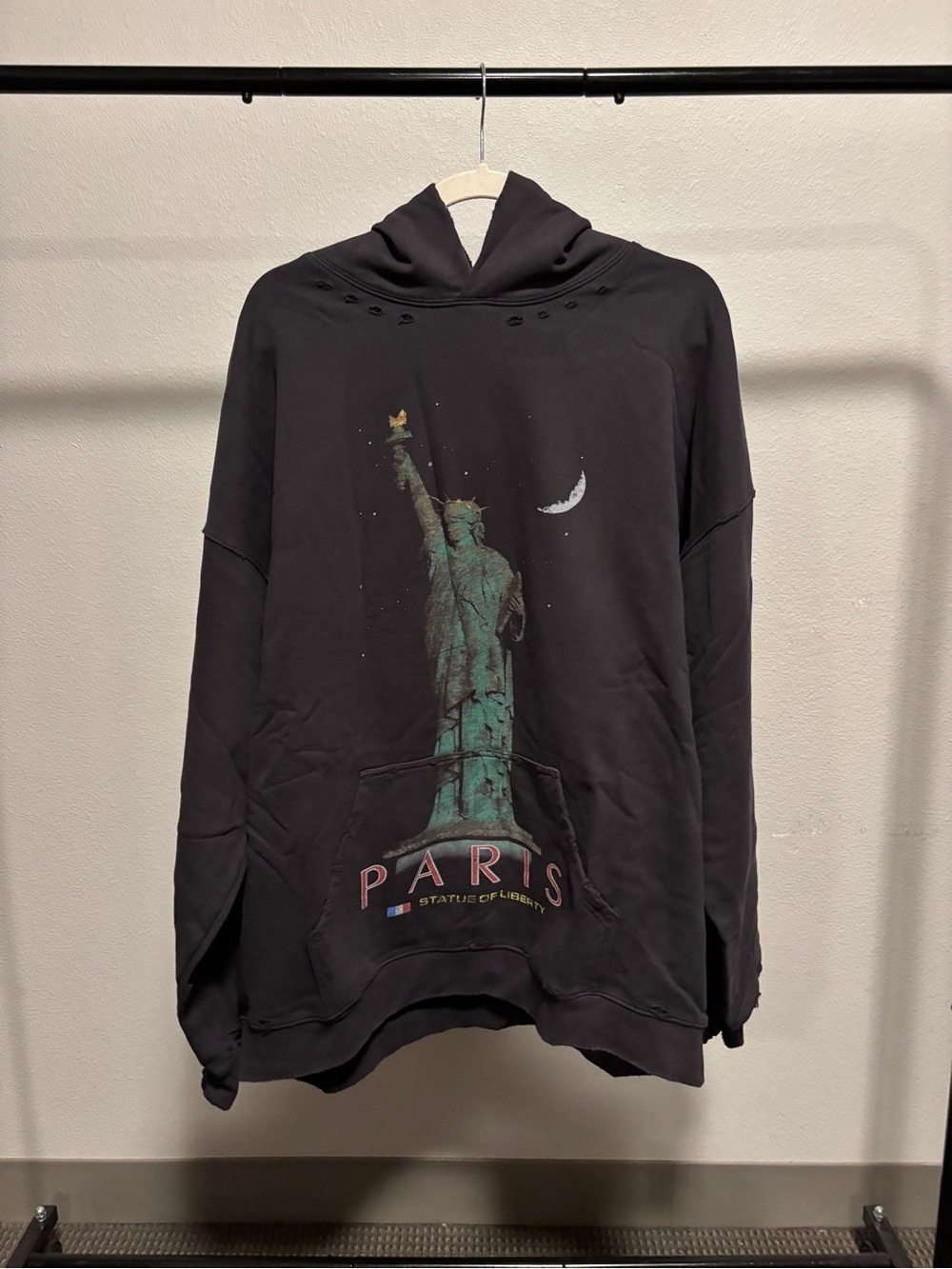 Balenciaga Black Paris Hoodie with Green Statue of Liberty Graphic